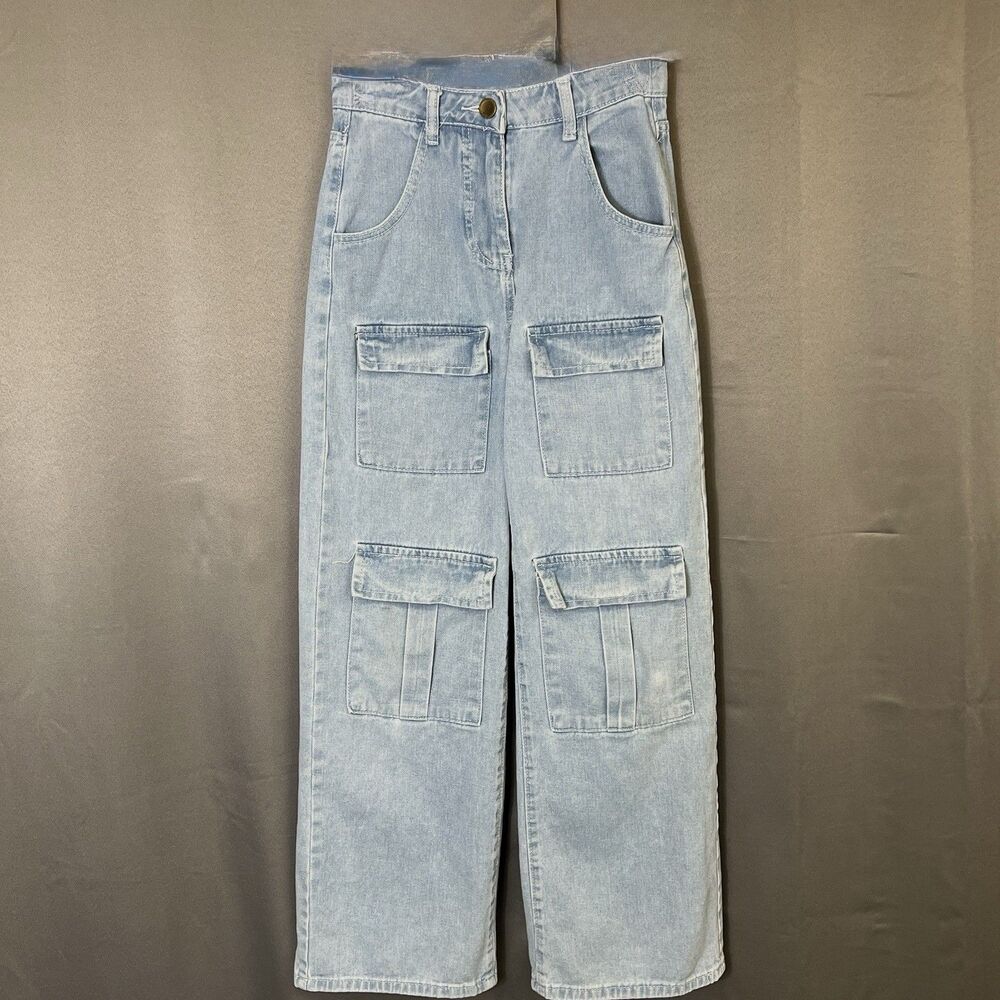 womens Denim cargo jeans lightwash 4 cargo pockets high waist wide leg XS